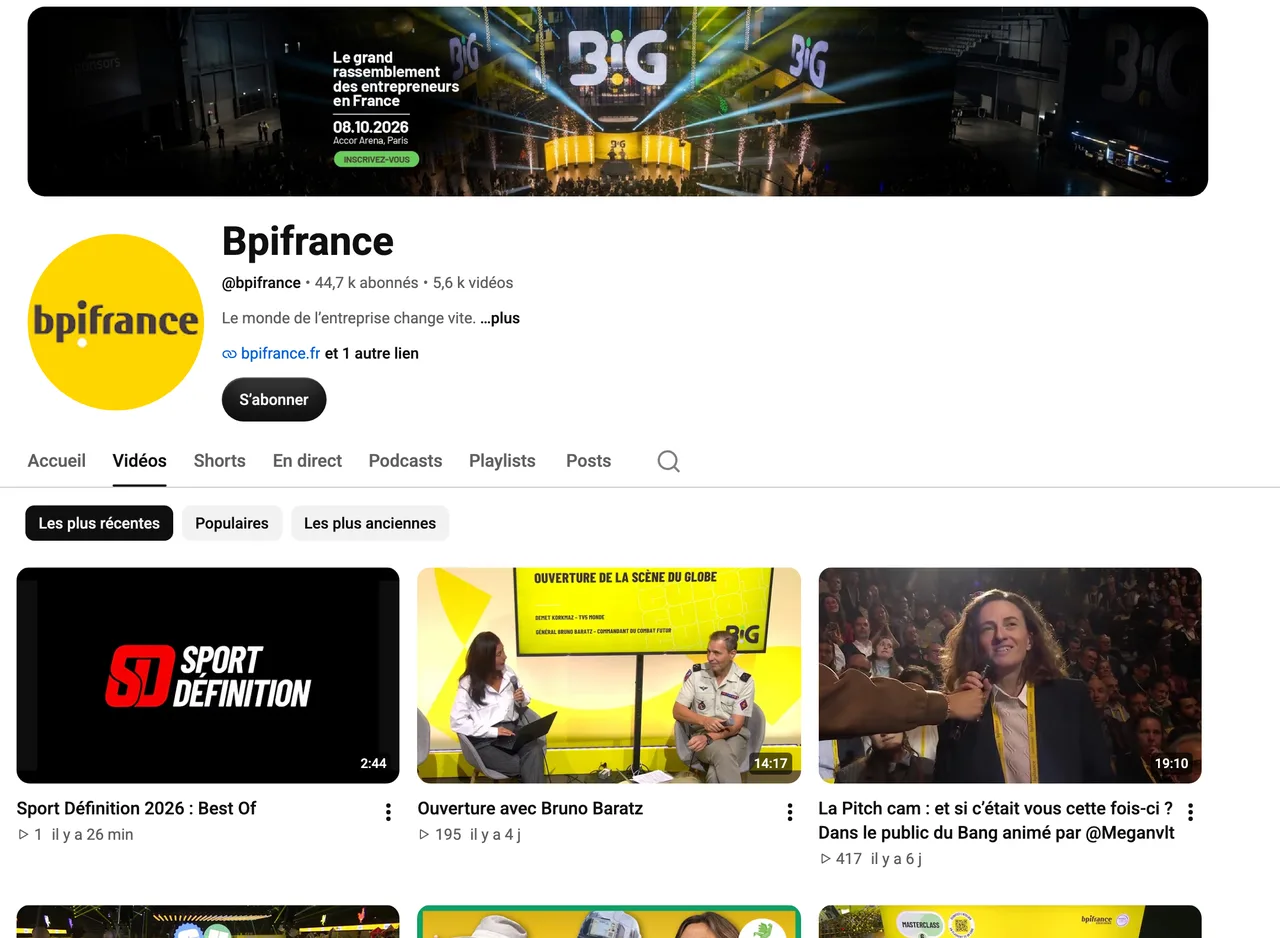 Page de la chaîne YouTube Bpifrance, 44,7 k abonnés, capture du 19 octobre 2026