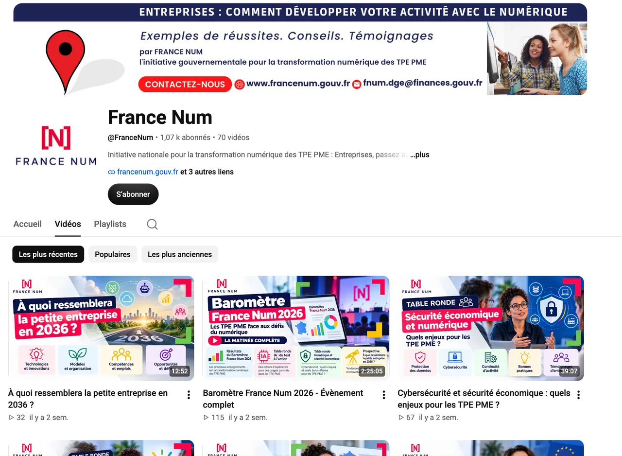 Page de la chaîne YouTube France Num, initiative pour la transformation numérique des TPE PME, capture du 19 octobre 2026