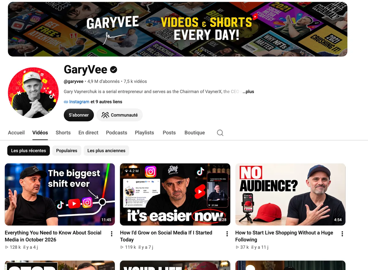 Page de la chaîne YouTube GaryVee, 4,9 millions d'abonnés, capture du 19 octobre 2026