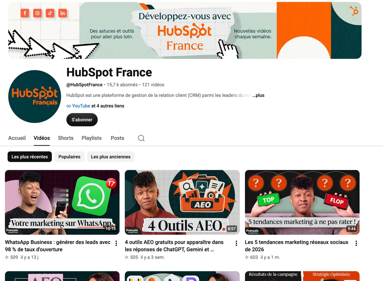 Page de la chaîne YouTube HubSpot France, 15,7 k abonnés, capture du 19 octobre 2026