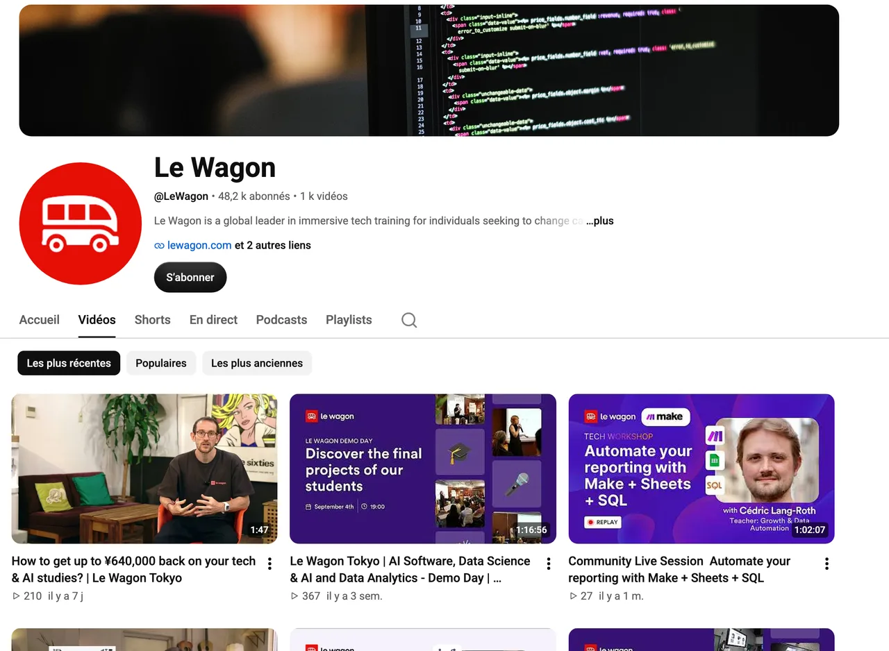 Page de la chaîne YouTube Le Wagon, 48,2 k abonnés, capture du 19 octobre 2026