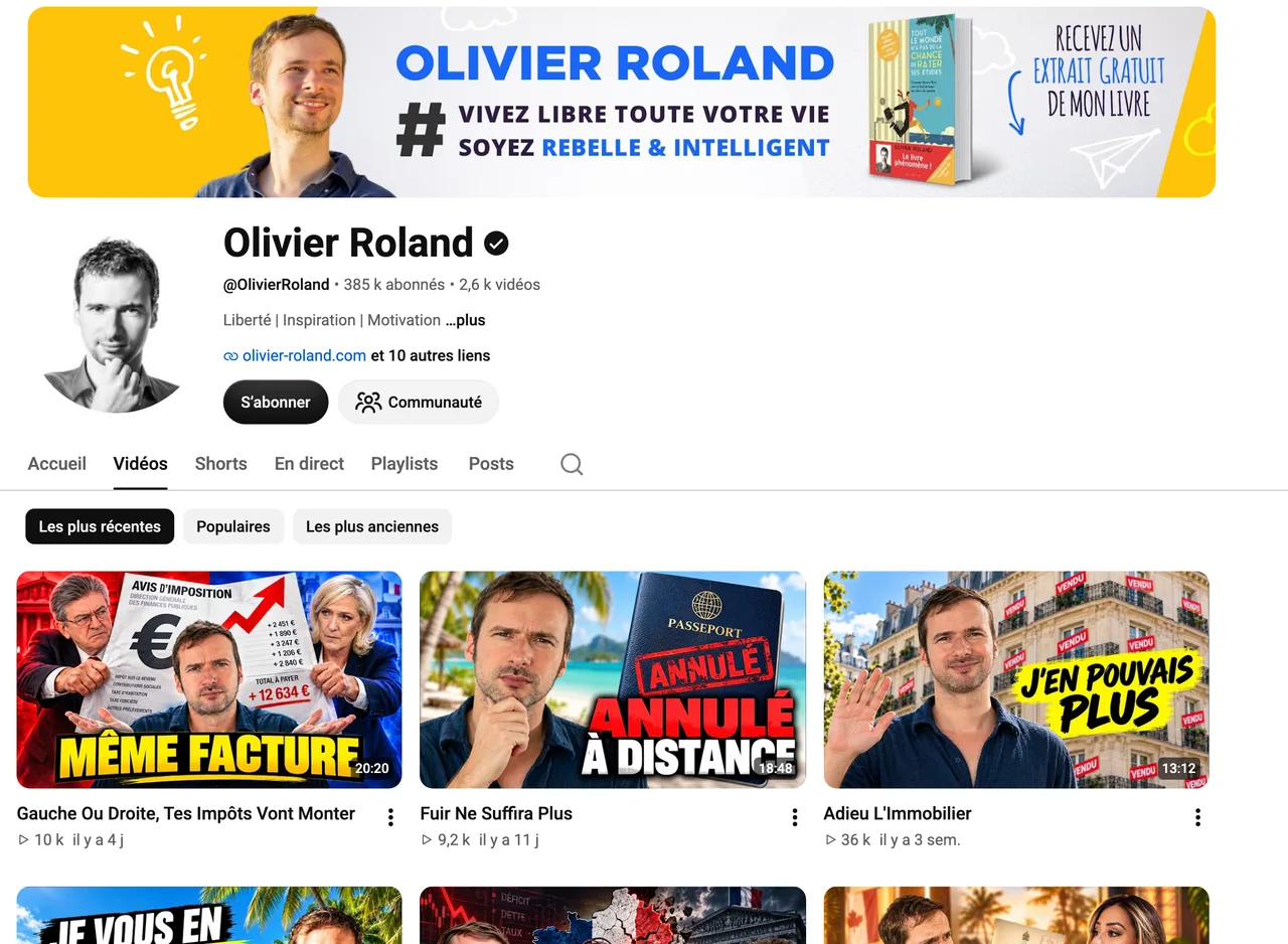 Page de la chaîne YouTube Olivier Roland, 385 k abonnés, capture du 19 octobre 2026