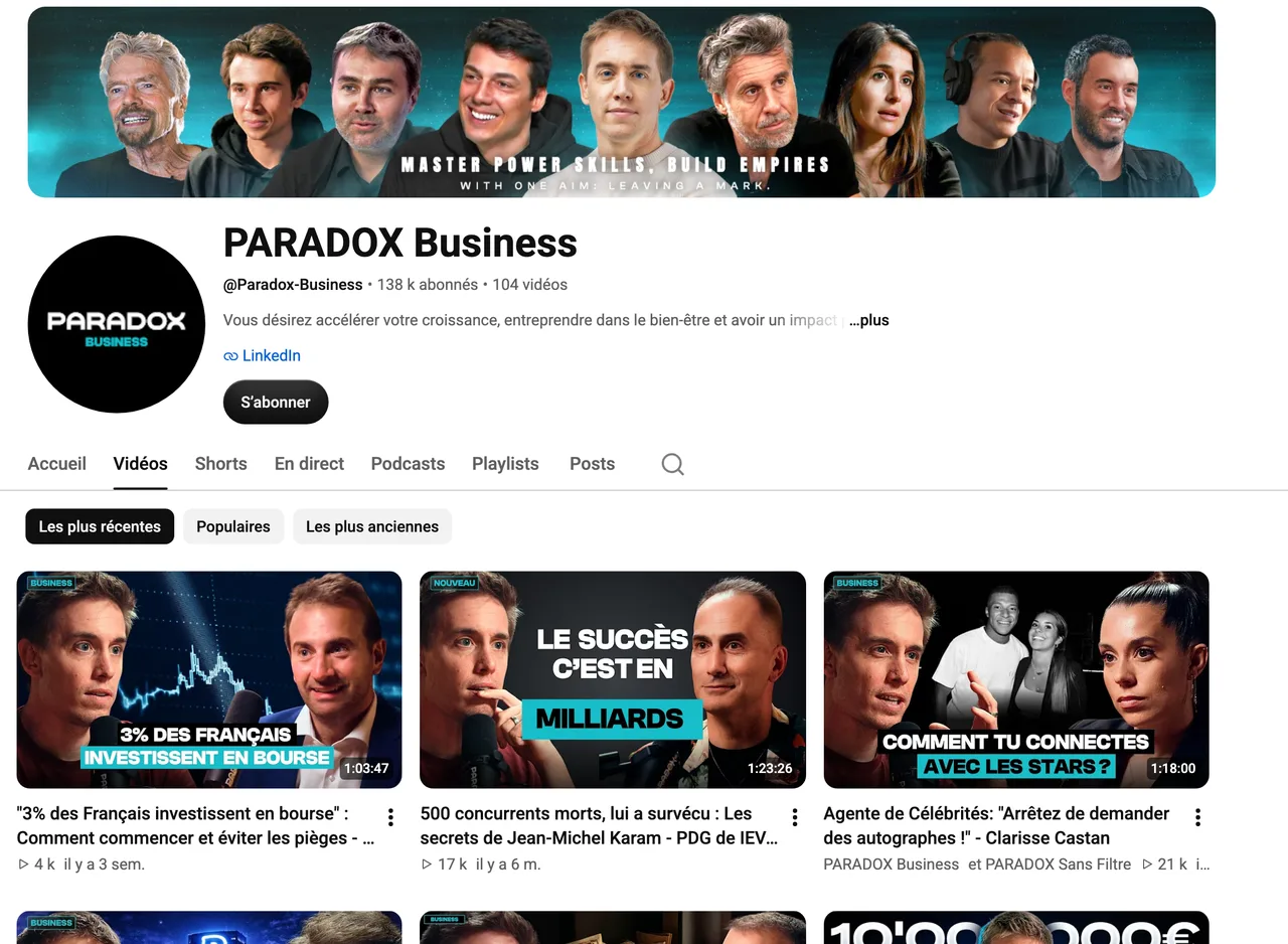 Page de la chaîne YouTube PARADOX Business, 138 k abonnés, capture du 19 octobre 2026