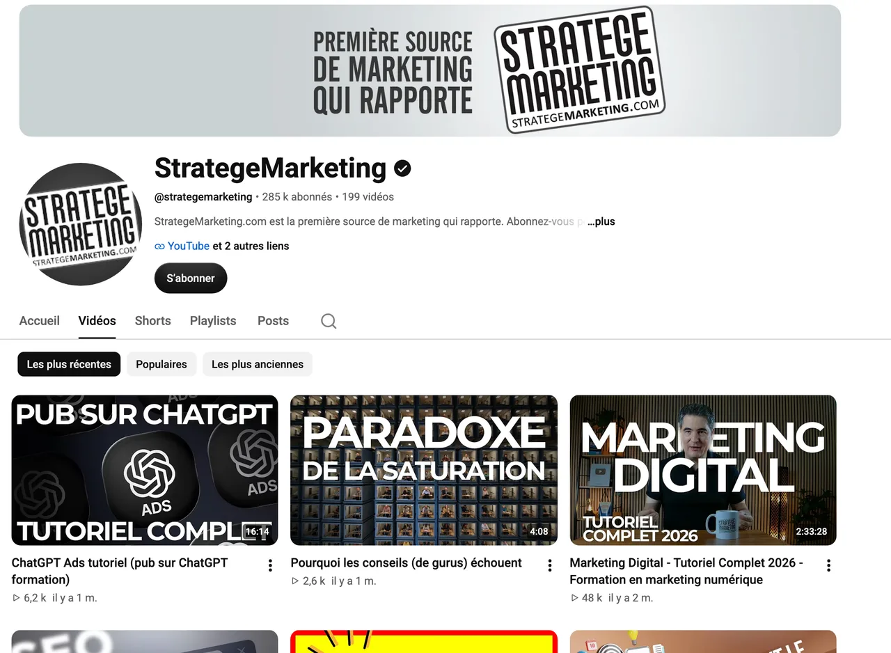 Page de la chaîne YouTube StrategeMarketing, 285 k abonnés, capture du 19 octobre 2026