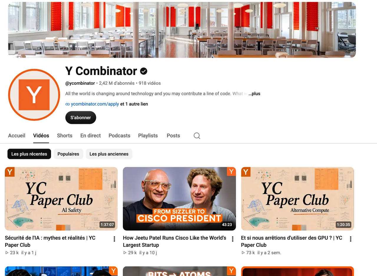 Page de la chaîne YouTube Y Combinator, 2,42 millions d'abonnés, capture du 19 octobre 2026