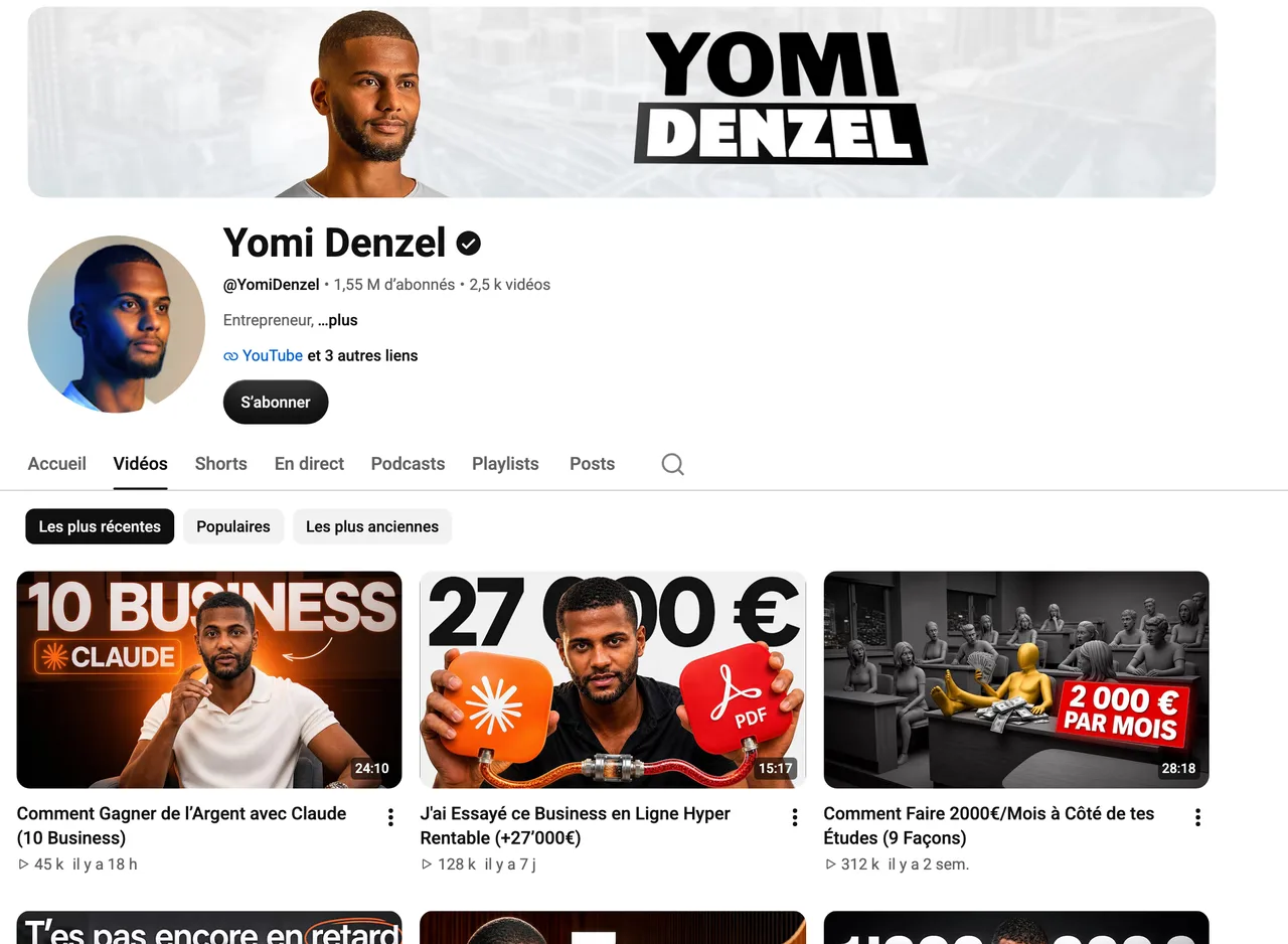 Page de la chaîne YouTube Yomi Denzel, 1,55 million d'abonnés, capture du 19 octobre 2026