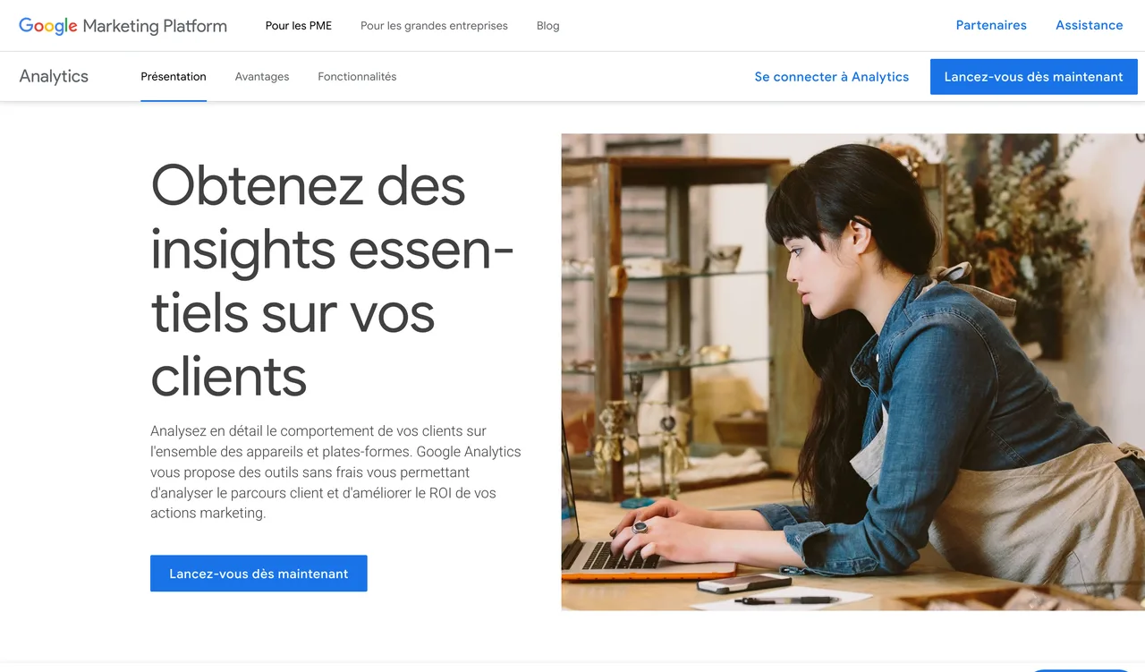 Capture de la page de présentation de Google Analytics le 19 octobre 2026, outil gratuit d’analyse d’audience et de conversions