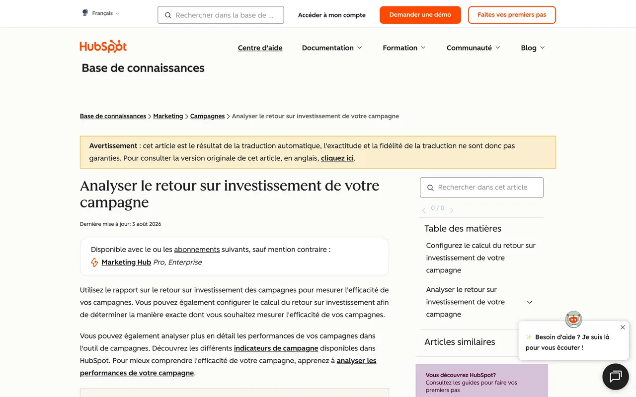Capture de l’article d’aide HubSpot « Analyser le retour sur investissement de votre campagne » le 19 octobre 2026
