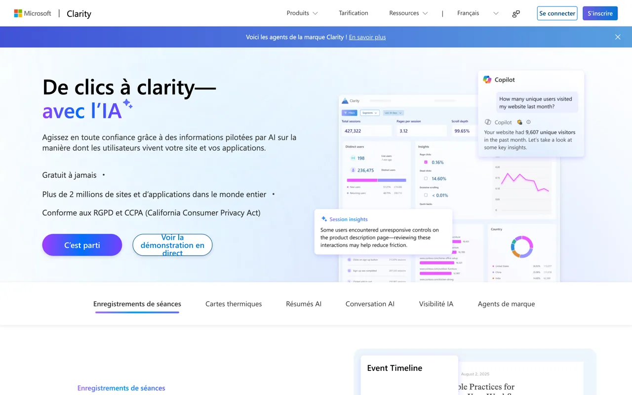 Page d'accueil de Microsoft Clarity, outil gratuit de cartes de chaleur et d'enregistrement de sessions, capture du 19/10/2026