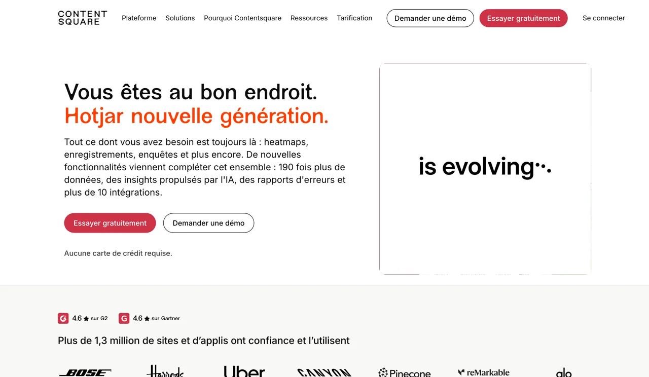 Page Hotjar sur le site de Contentsquare, capture du 19/10/2026