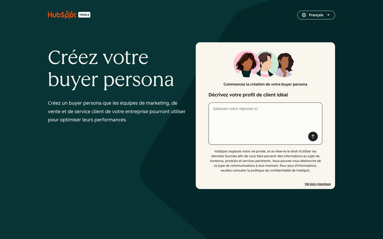 Générateur gratuit Make My Persona de HubSpot, capture du 19/10/2026