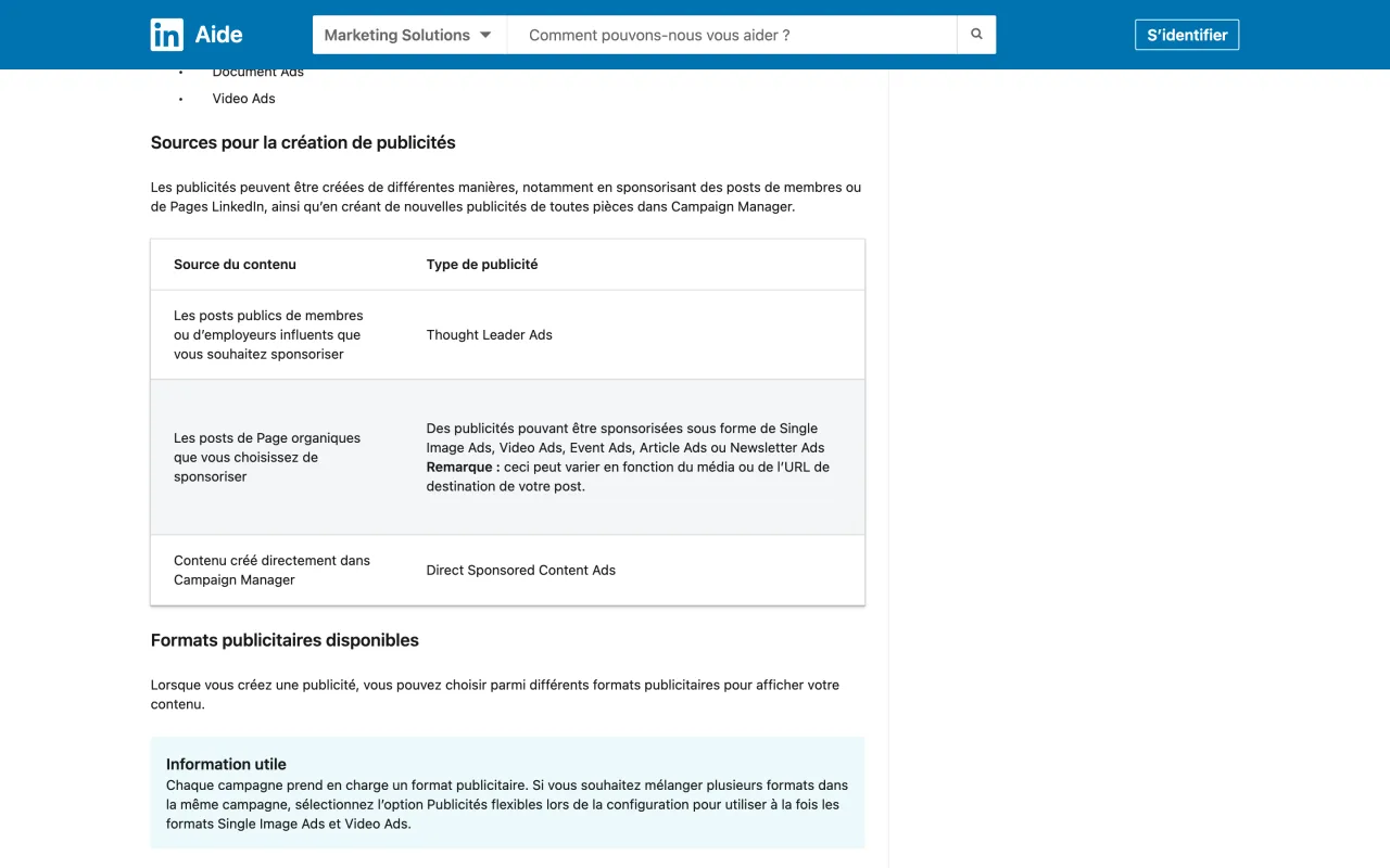 Aide LinkedIn Marketing Solutions en français : les posts publics de membres ou d'employeurs influents se sponsorisent avec les Thought Leader Ads, capture du 19/10/2026