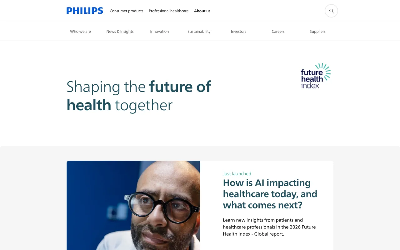 Page Future Health Index de Philips présentant le rapport global 2026 sur l'impact de l'IA dans la santé, capture du 19/10/2026