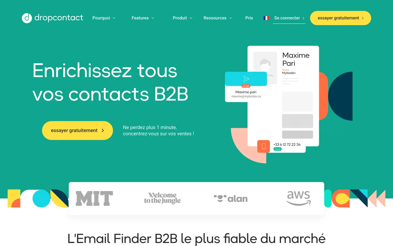 Capture de la page d’accueil de Dropcontact le 19 octobre 2026, outil français d’enrichissement de contacts B2B