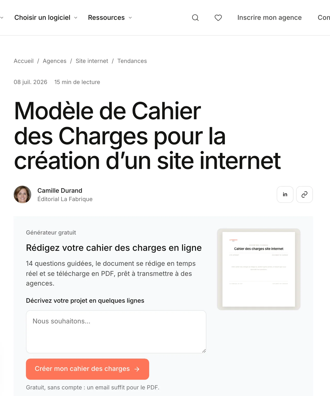 Capture du générateur gratuit de cahier des charges de La Fabrique du Net le 19 octobre 2026 : questionnaire guidé et aperçu du document en temps réel, exemple de lead magnet interactif qui livre la valeur avant de demander un contact