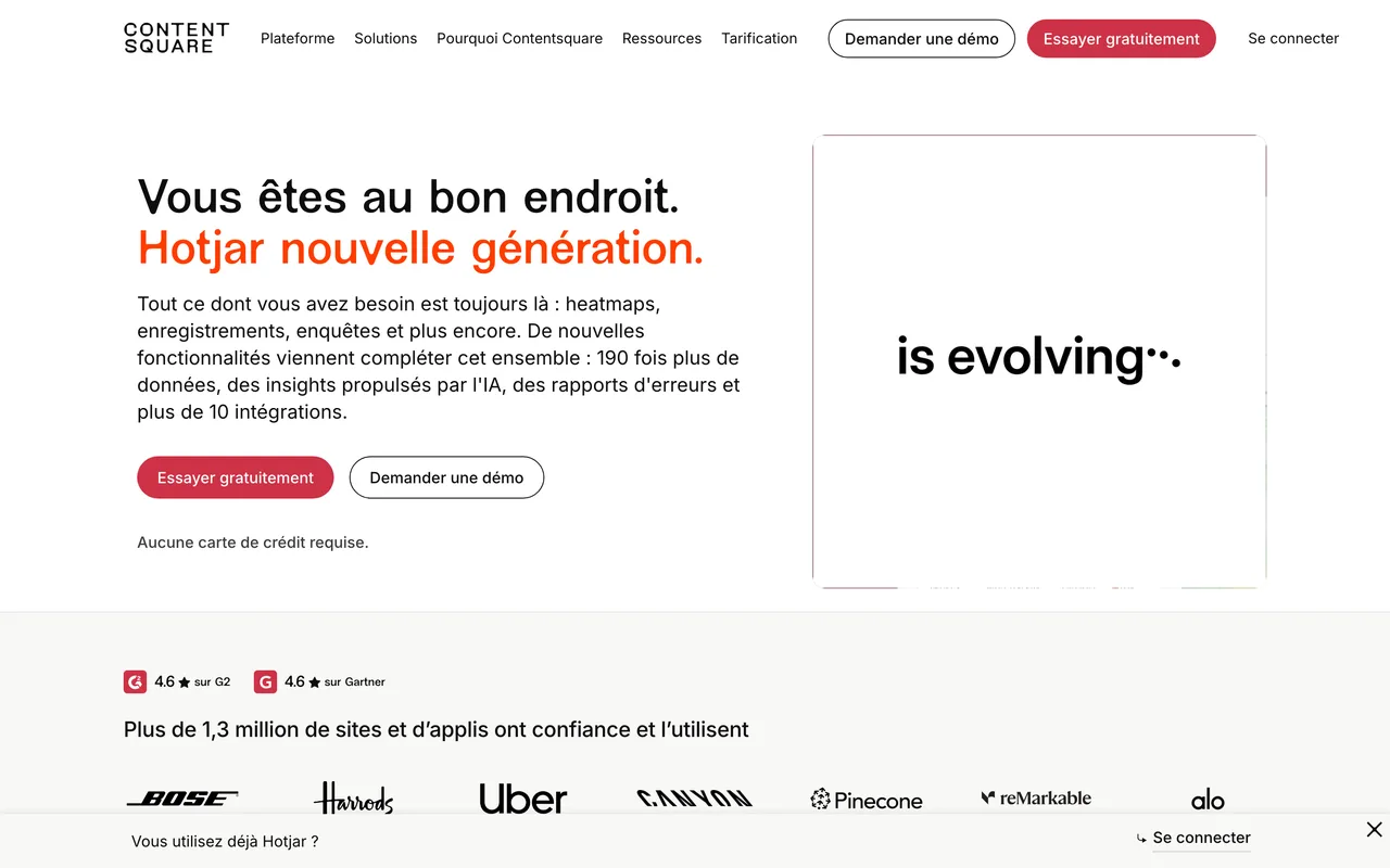 Capture de la page Hotjar sur le site de Contentsquare le 19 octobre 2026 : cartes de chaleur, enregistrements de sessions et enquêtes