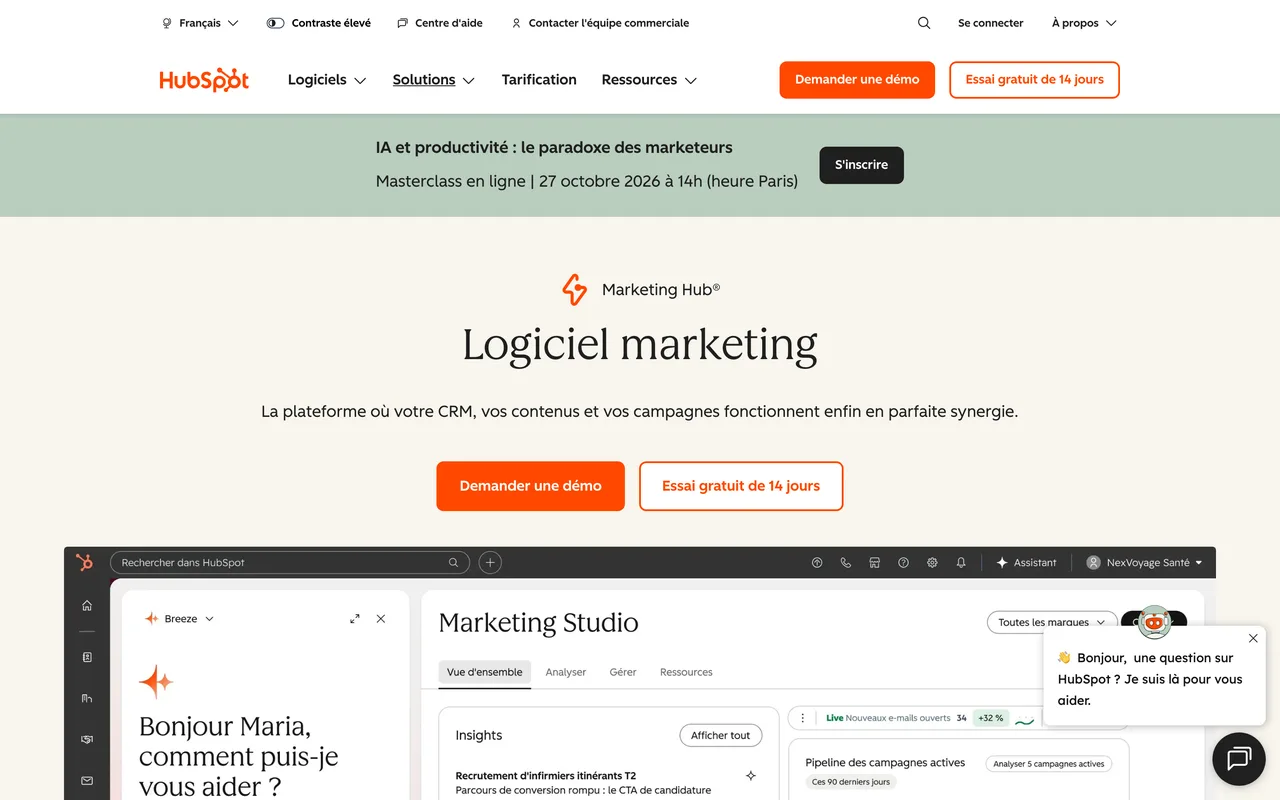 Capture de la page Marketing Hub de HubSpot le 19 octobre 2026, logiciel marketing relié au CRM