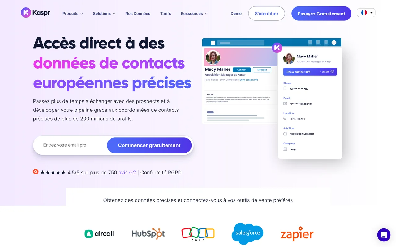 Capture de la page d’accueil de Kaspr le 19 octobre 2026, outil d’accès aux coordonnées professionnelles