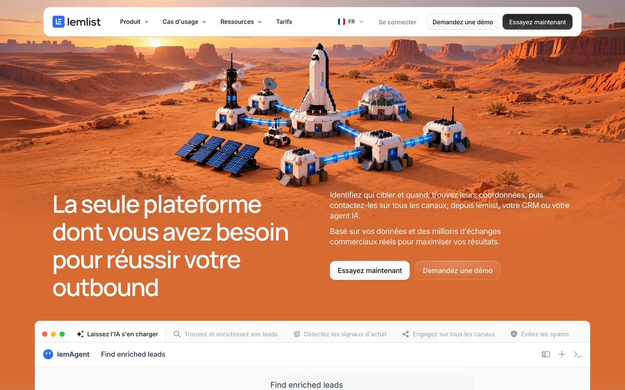 Capture de la page d’accueil de lemlist le 19 octobre 2026, plateforme de prospection outbound multicanale