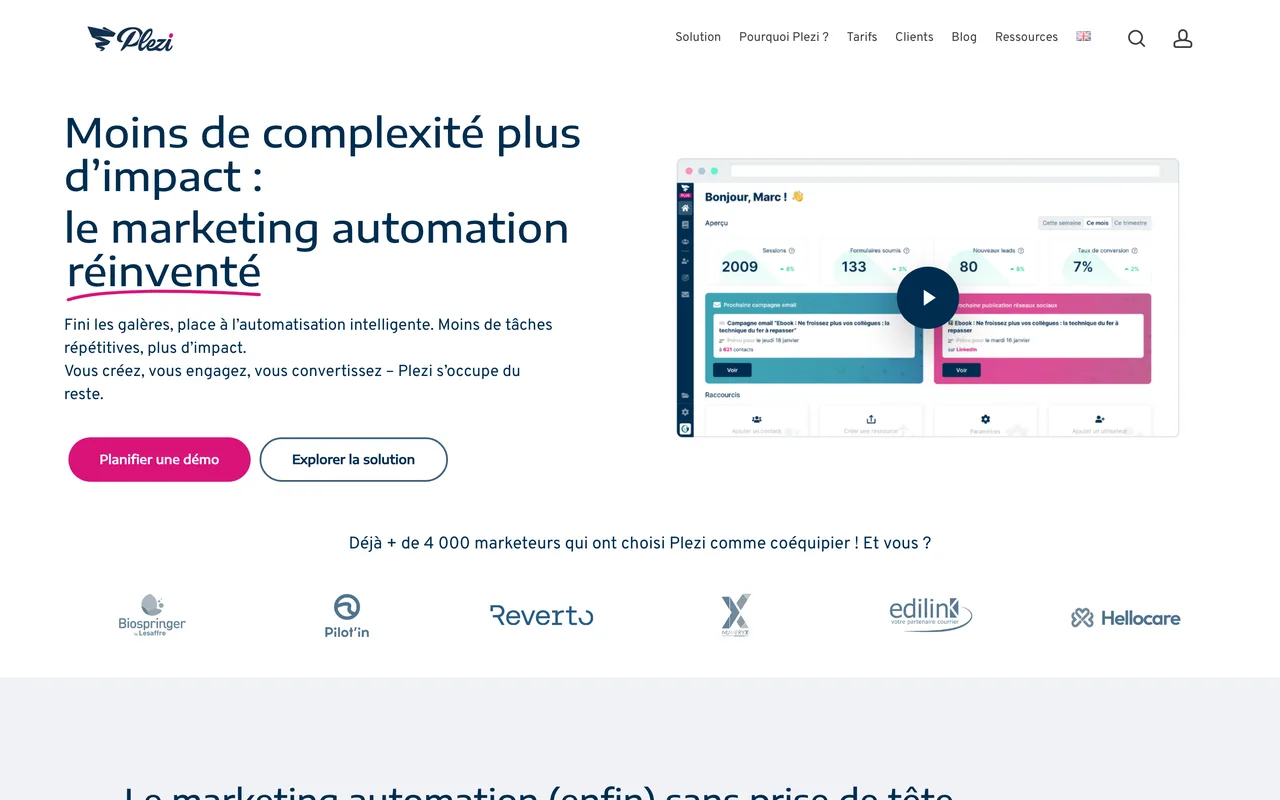 Capture de la page d’accueil de Plezi le 19 octobre 2026, logiciel français de marketing automation B2B