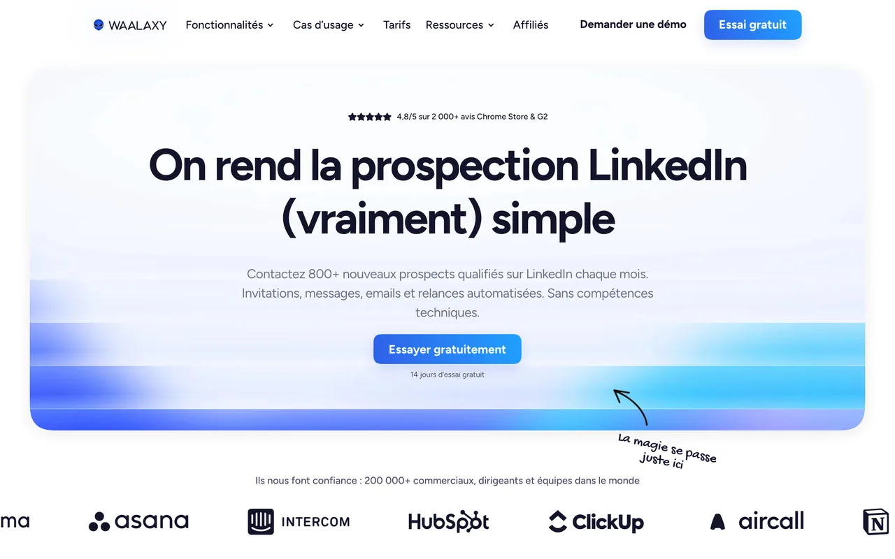 Capture de la page d’accueil de Waalaxy le 19 octobre 2026, outil d’automatisation de la prospection LinkedIn