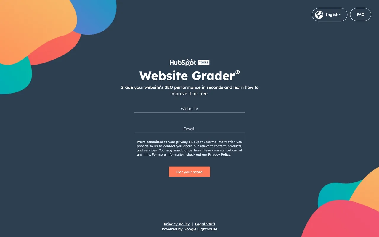 Capture de Website Grader de HubSpot le 19 octobre 2026 : un champ pour l’adresse du site, un champ email et un bouton pour obtenir son score, exemple de diagnostic instantané utilisé comme lead magnet