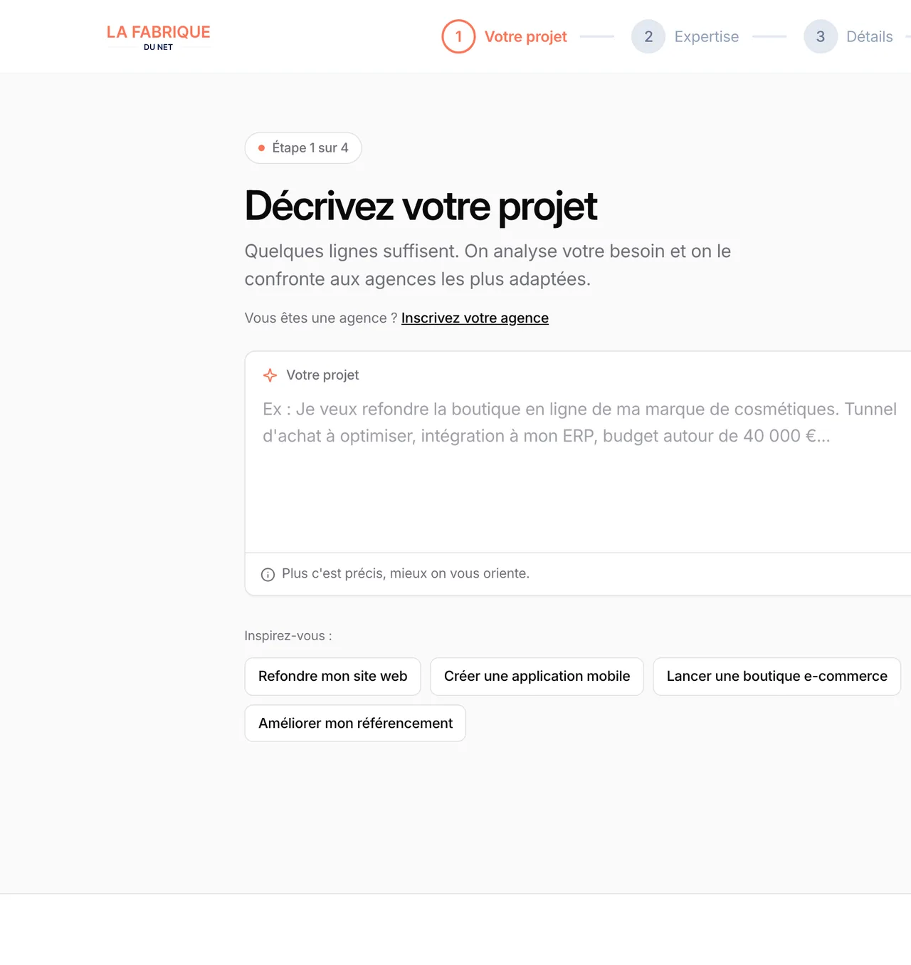 Capture du parcours de dépôt de projet de La Fabrique du Net le 19 octobre 2026 : étape 1 sur 4, décrivez votre projet en quelques lignes, avant toute demande de coordonnées, exemple de formulaire progressif