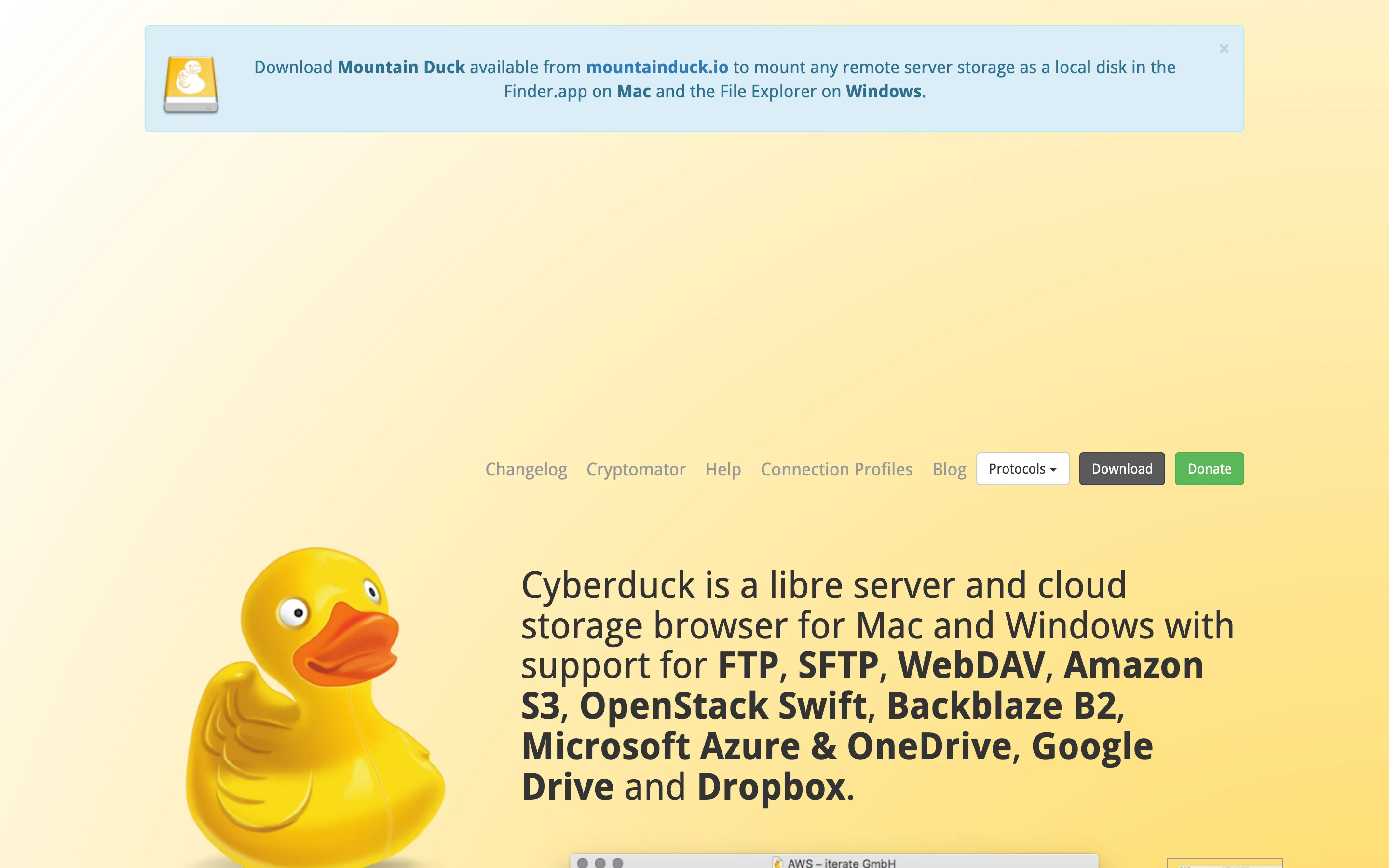 Page d’accueil de Cyberduck présentant les protocoles pris en charge FTP, SFTP, WebDAV et Amazon S3, capture du 19/10/2026