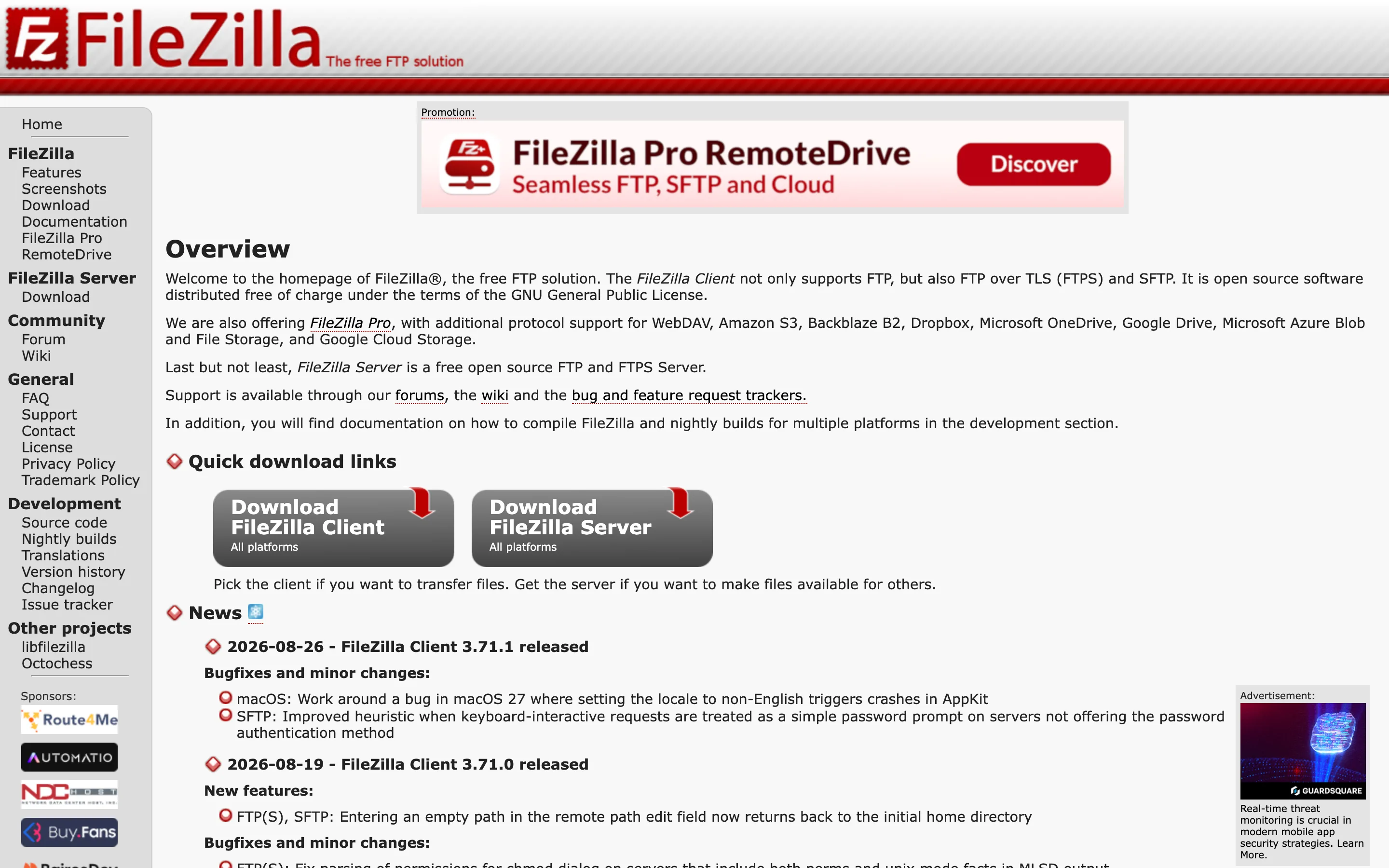 Page d’accueil du projet FileZilla avec les liens de téléchargement de FileZilla Client et FileZilla Server, capture du 19/10/2026