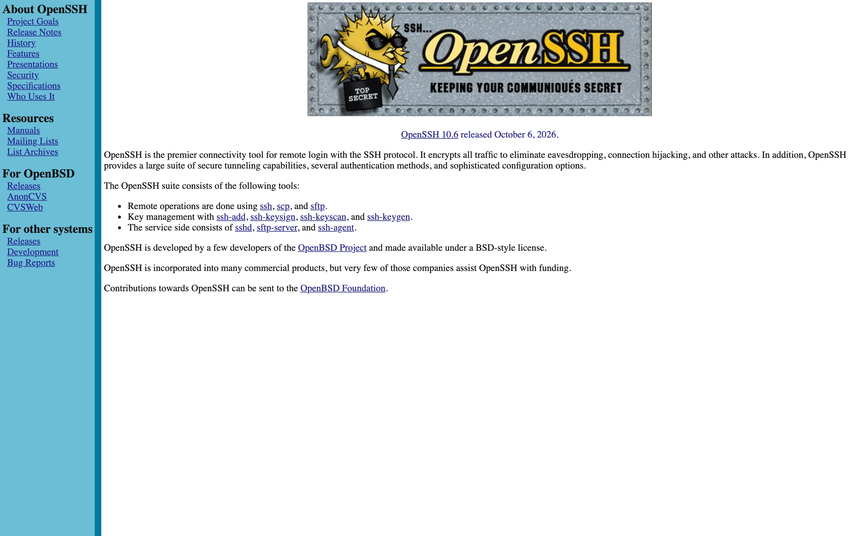 Page d’accueil du projet OpenSSH, qui fournit le serveur et le client SFTP, capture du 19/10/2026