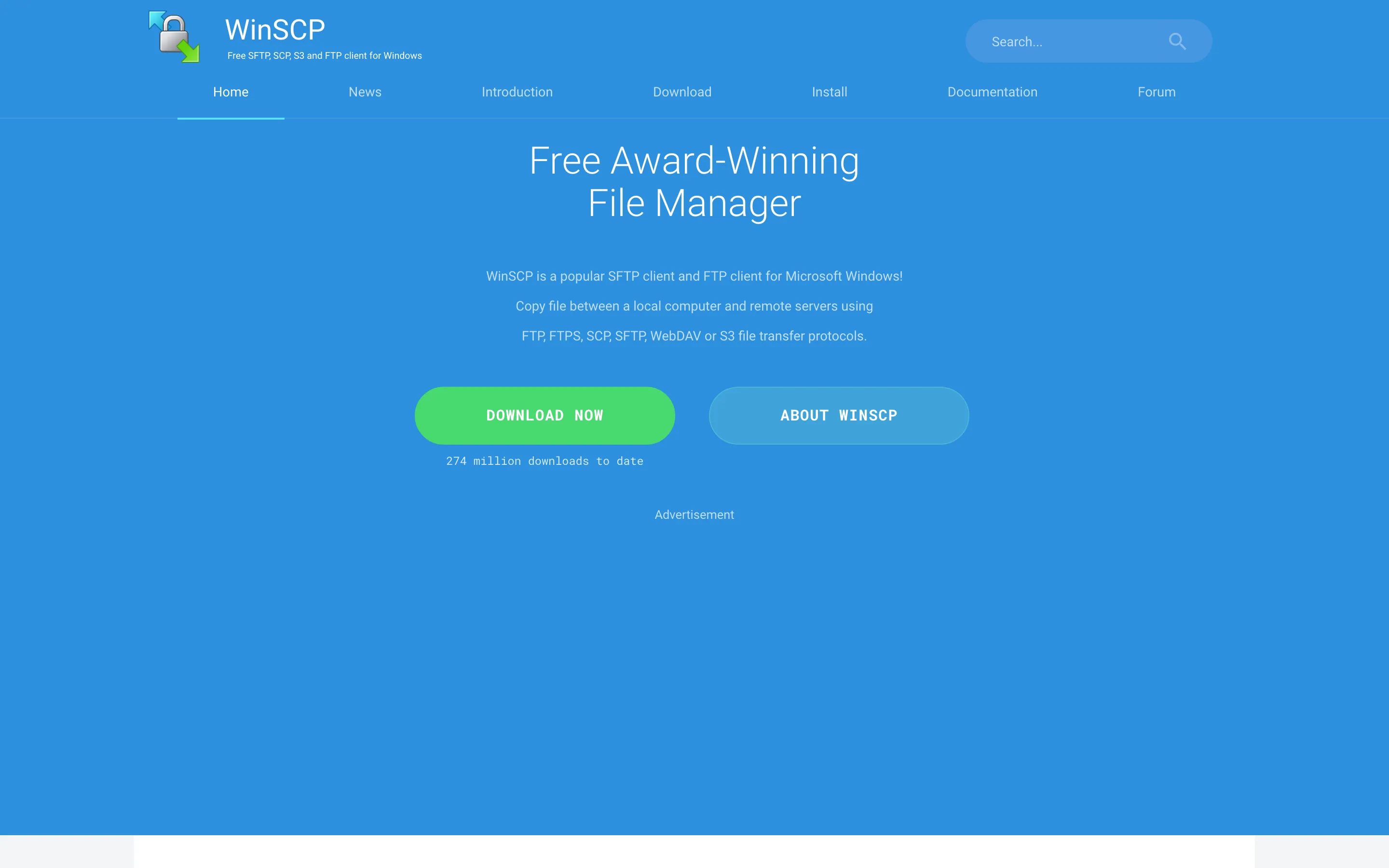Page d’accueil de WinSCP, client SFTP et FTP gratuit pour Windows, capture du 19/10/2026