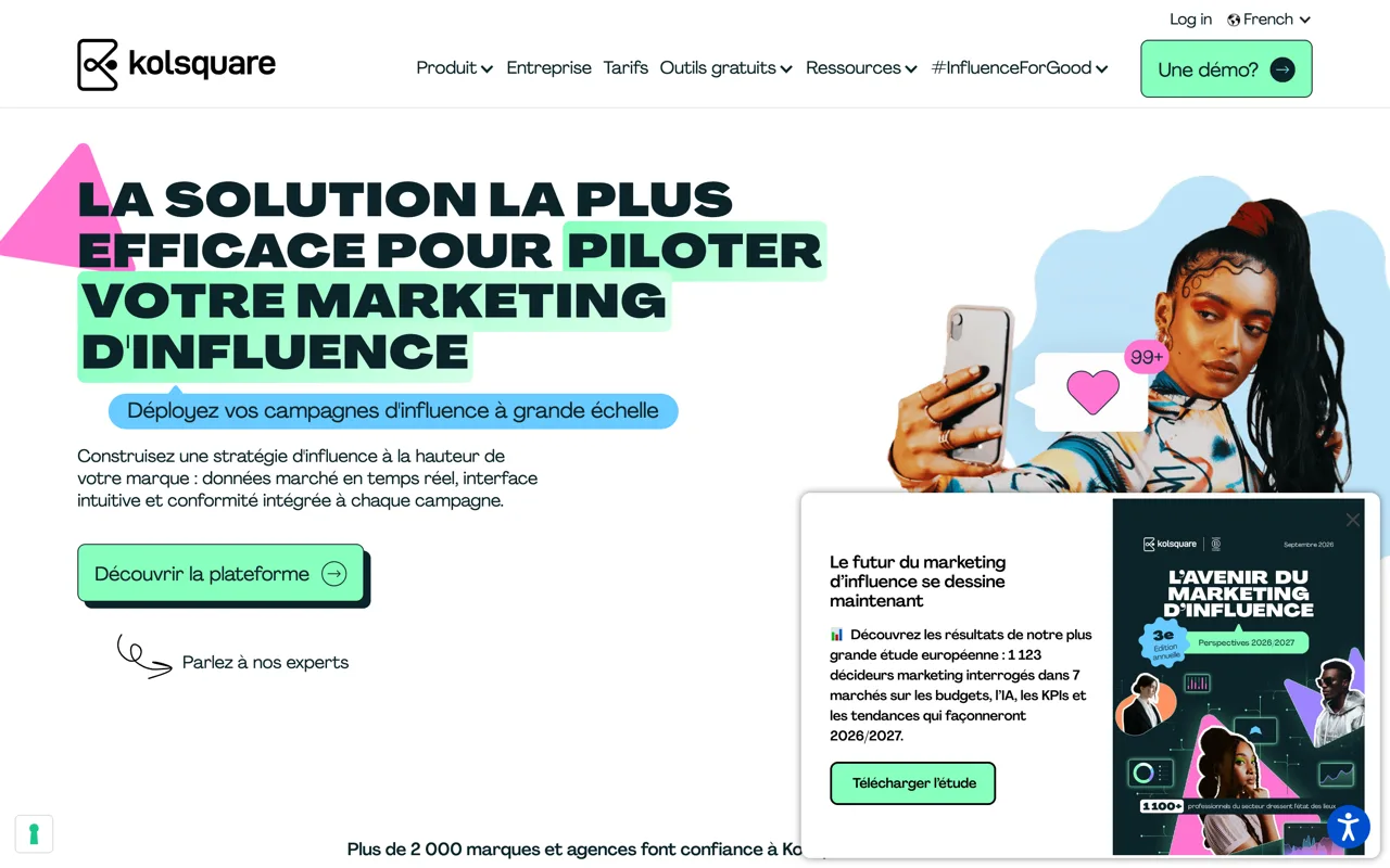 Page d'accueil de Kolsquare, plateforme de marketing d'influence, capture du 19/10/2026
