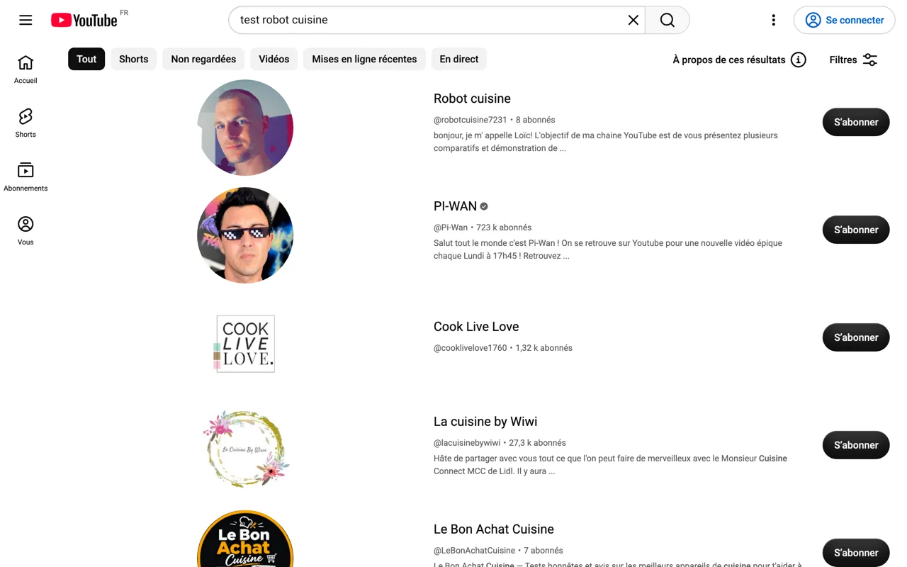 Recherche YouTube test robot cuisine filtrée sur les chaînes, capture du 19/10/2026