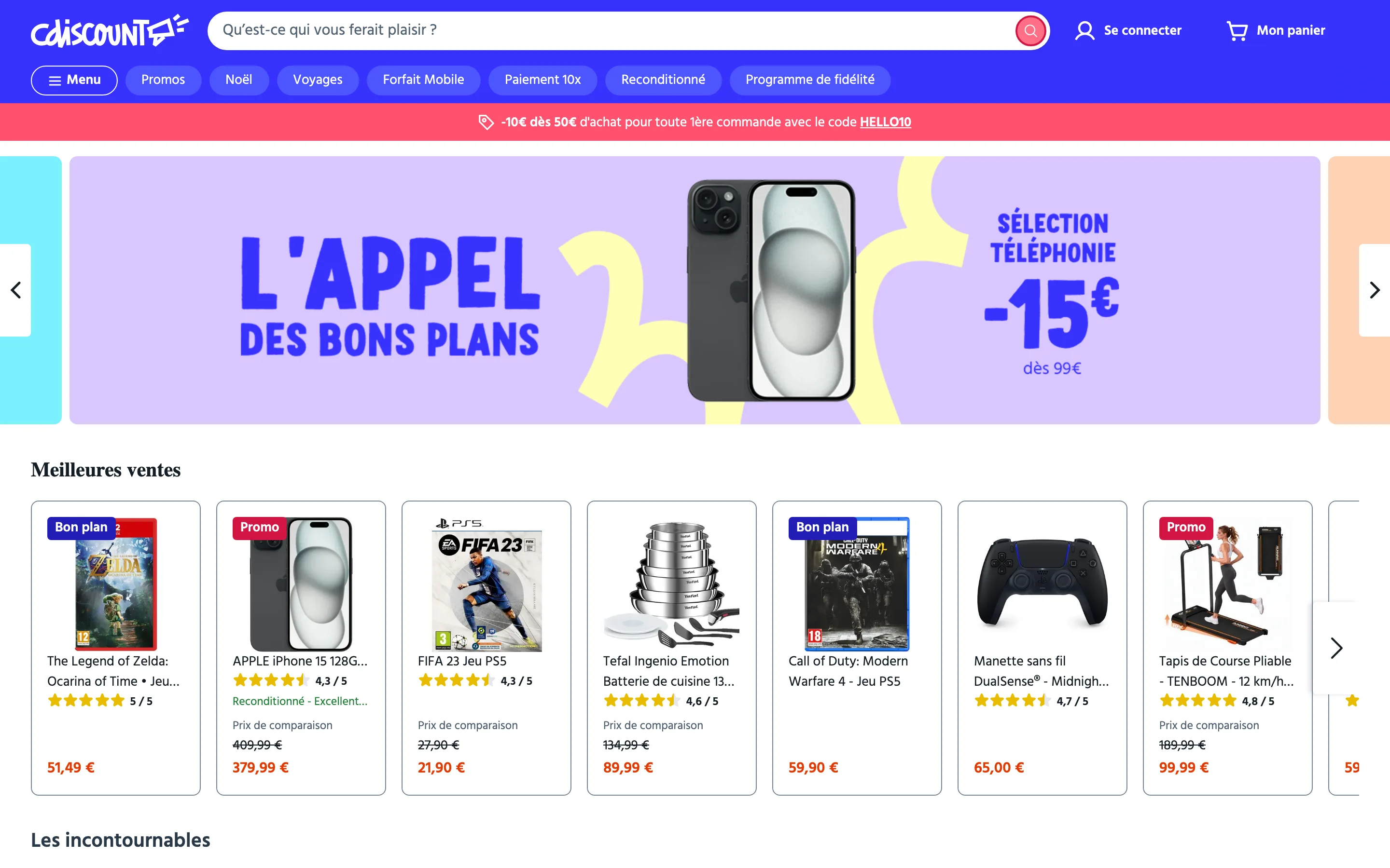 Page d’accueil de Cdiscount avec la barre de recherche centrale, l’accès au compte et au panier en haut à droite, capture du 19/10/2026