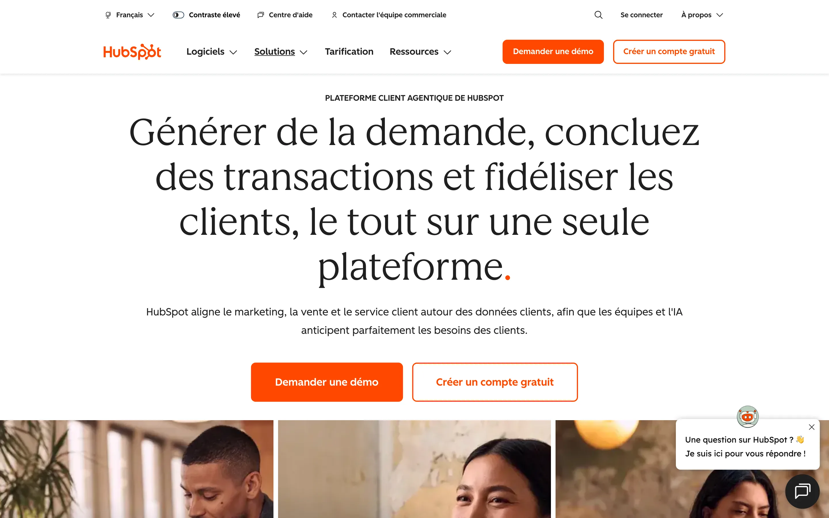 Page d’accueil de HubSpot en français avec sa promesse principale et les boutons Demander une démo et Créer un compte gratuit, capture du 19/10/2026