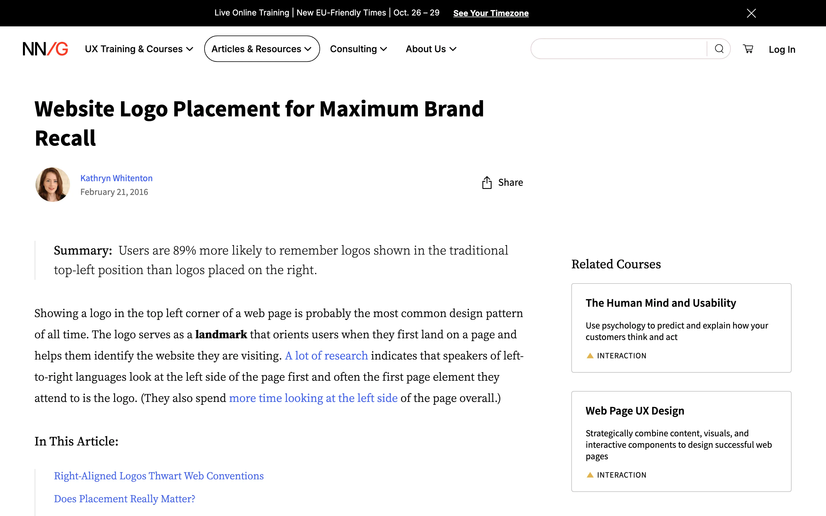 Article du Nielsen Norman Group sur le placement du logo et la mémorisation de la marque, capture du 19/10/2026