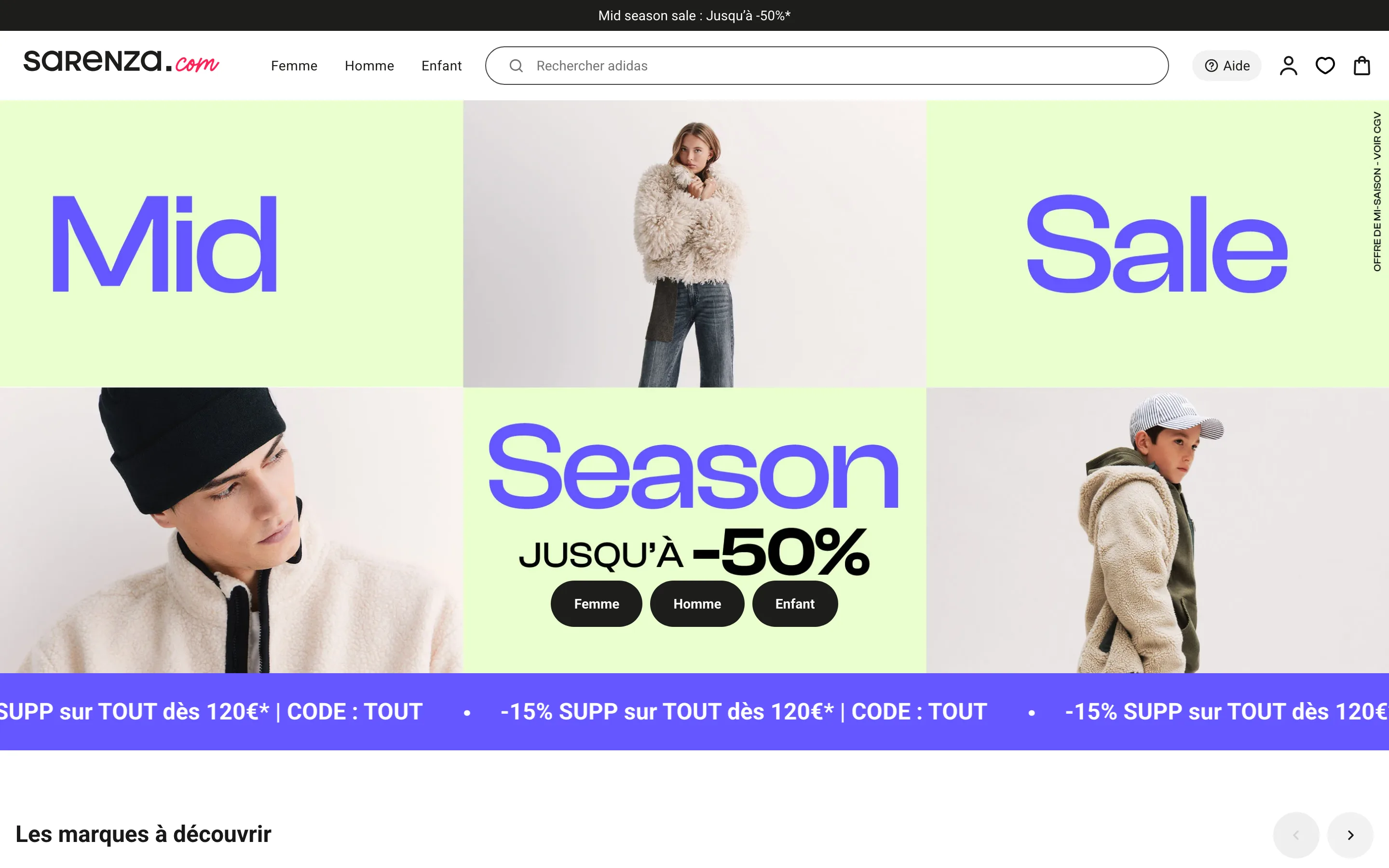 Page d’accueil de Sarenza avec le header e-commerce, la barre de recherche et l’opération commerciale en cours, capture du 19/10/2026