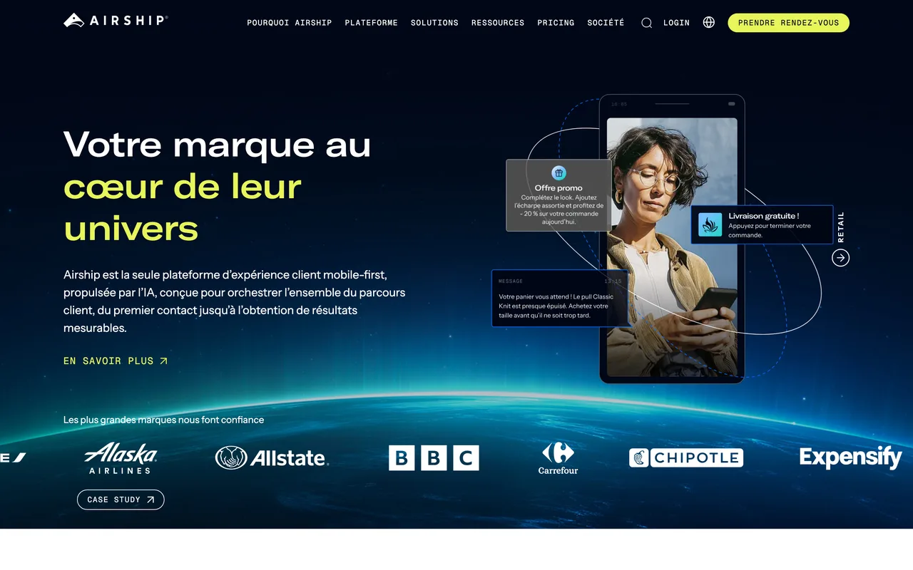 Page d'accueil d'Airship, plateforme d'expérience client mobile, capture du 19/10/2026