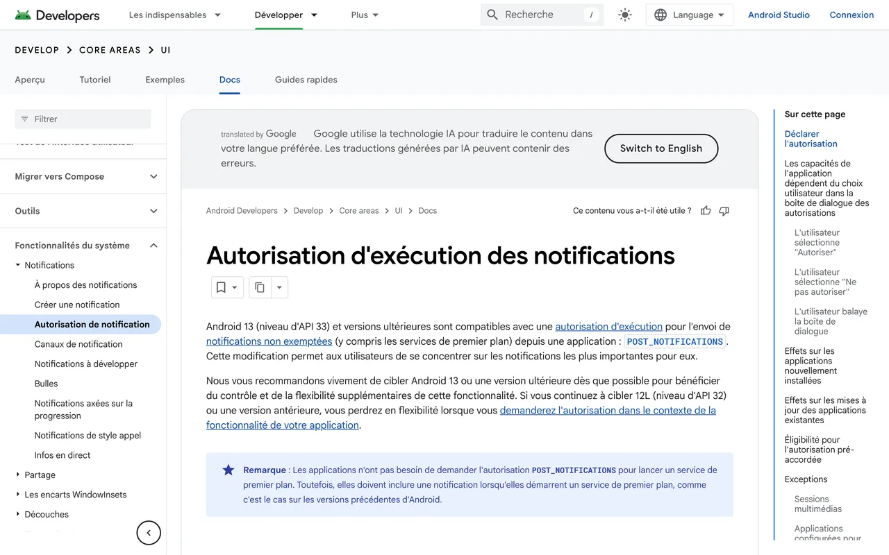 Documentation Android sur l'autorisation d'exécution des notifications depuis Android 13, capture du 19/10/2026