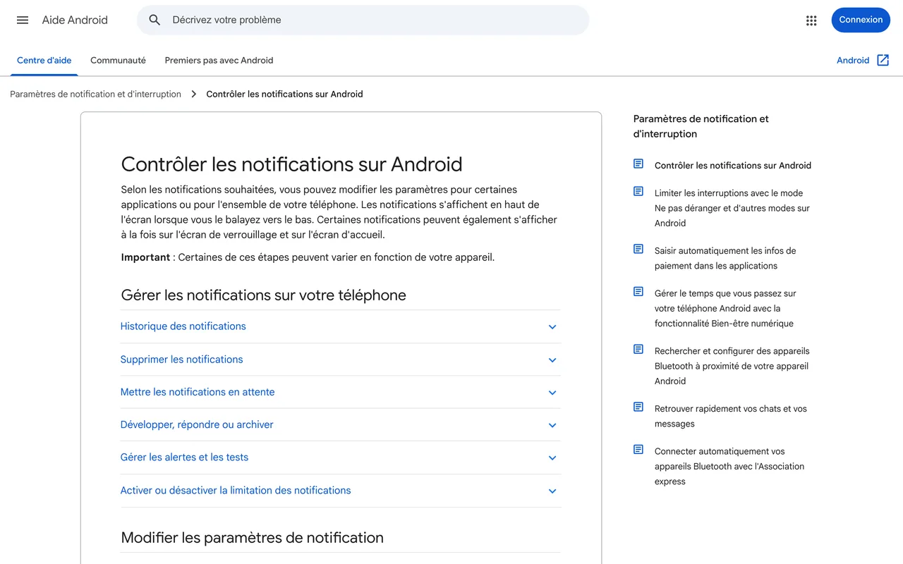 Page d'aide Android pour contrôler les notifications, capture du 19/10/2026