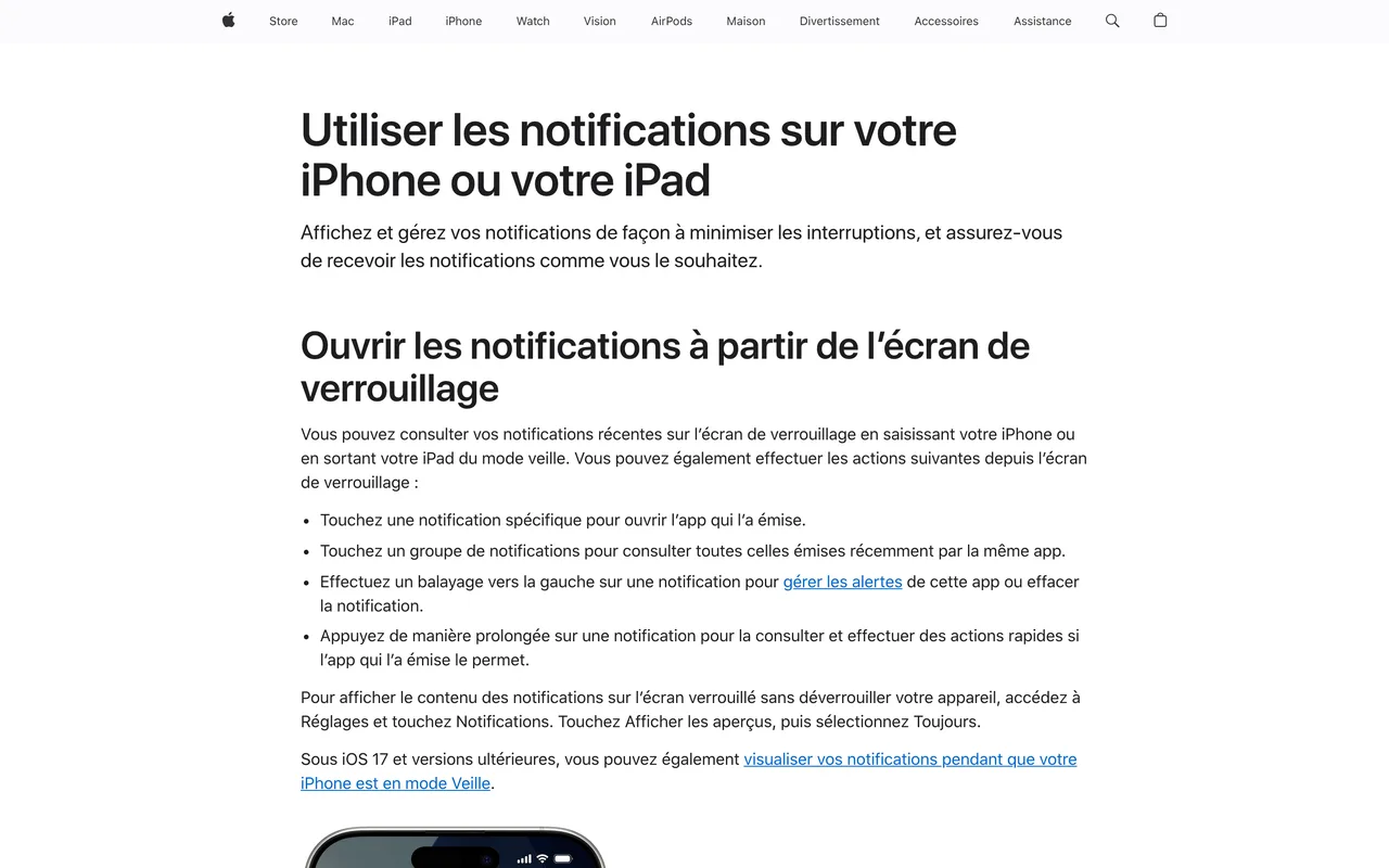Page d'assistance Apple sur l'utilisation des notifications sur iPhone et iPad, capture du 19/10/2026