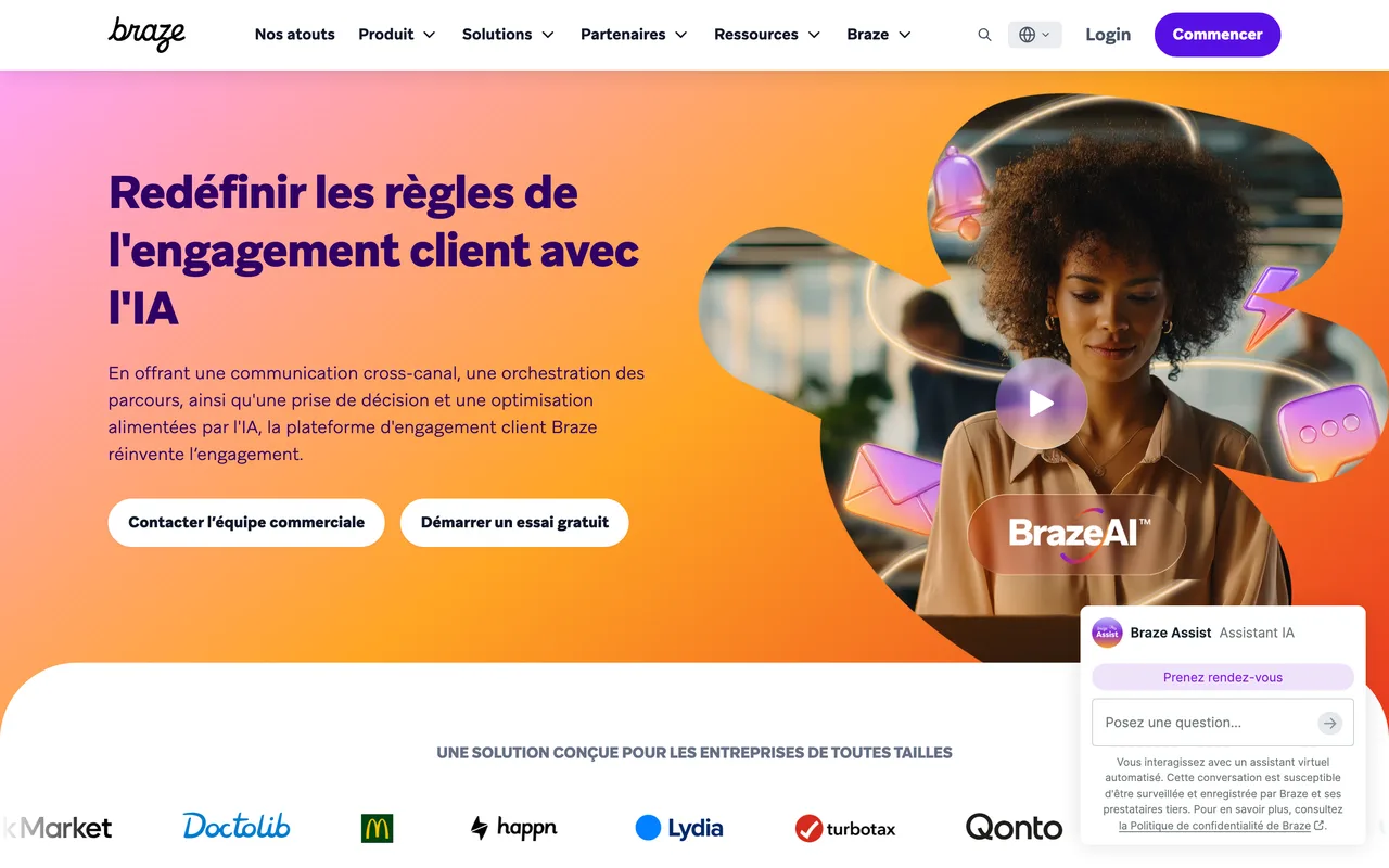 Page d'accueil de Braze, plateforme d'engagement client, capture du 19/10/2026