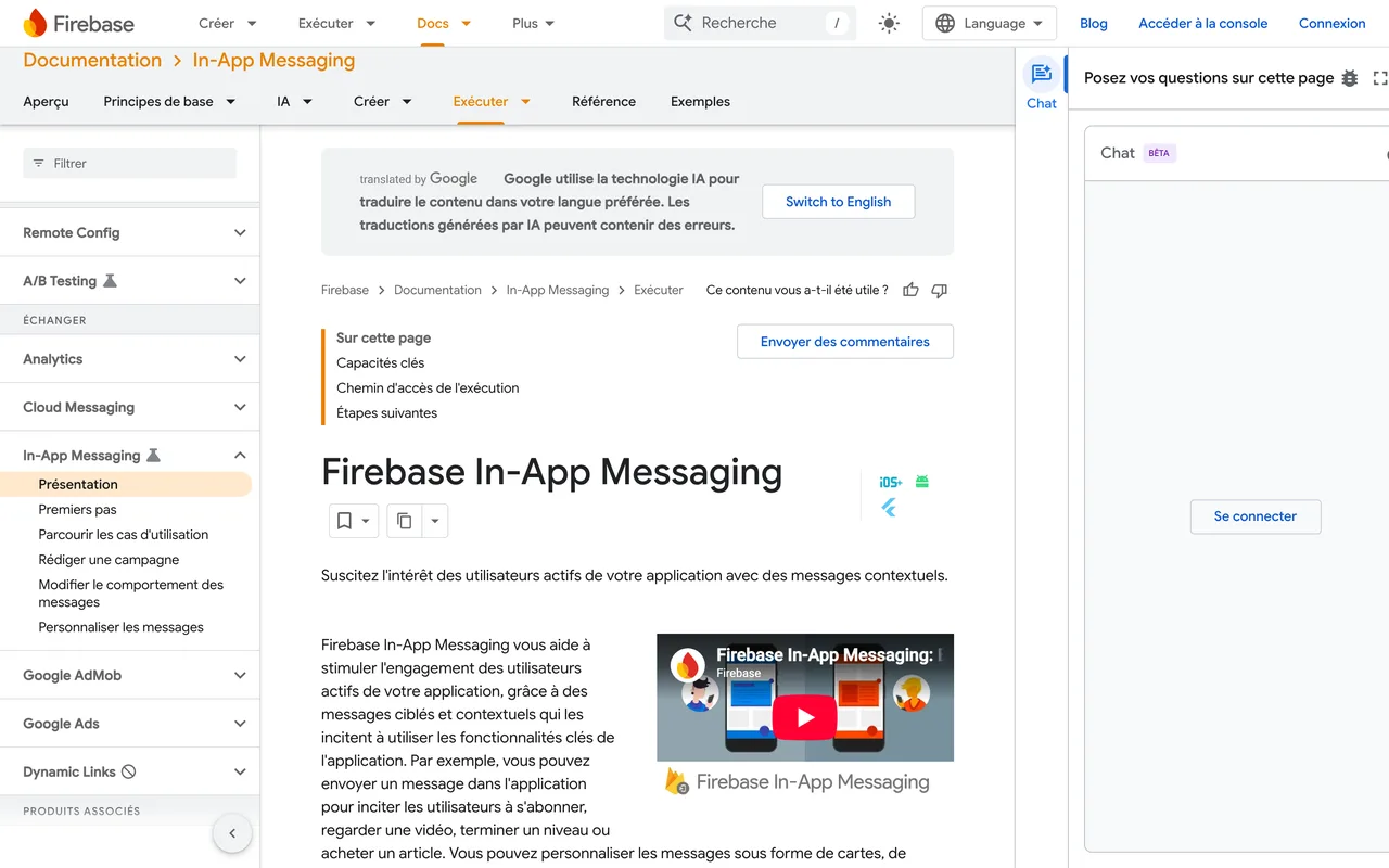 Documentation de Firebase In-App Messaging, l'outil de messages in-app de Google, capture du 19/10/2026