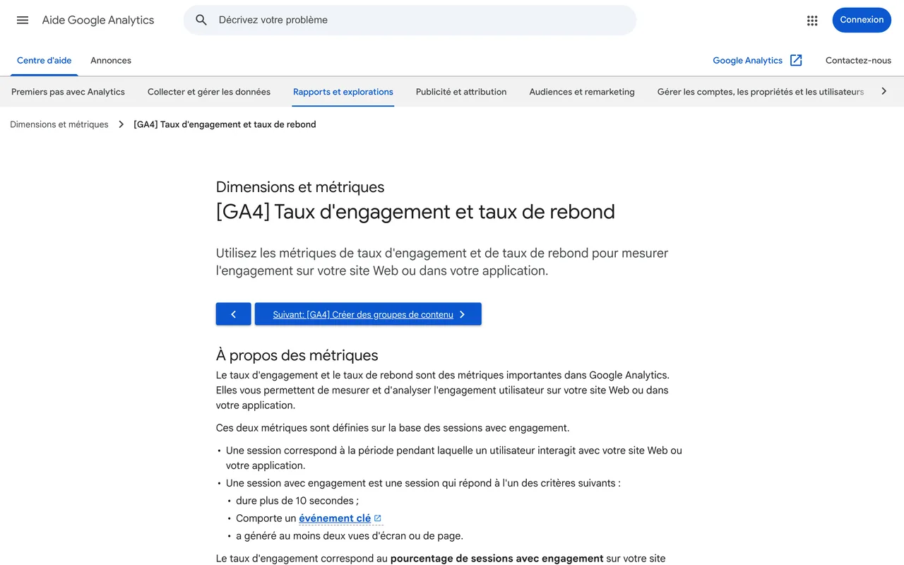 Aide Google Analytics définissant le taux d'engagement et le taux de rebond dans GA4, capture du 19/10/2026