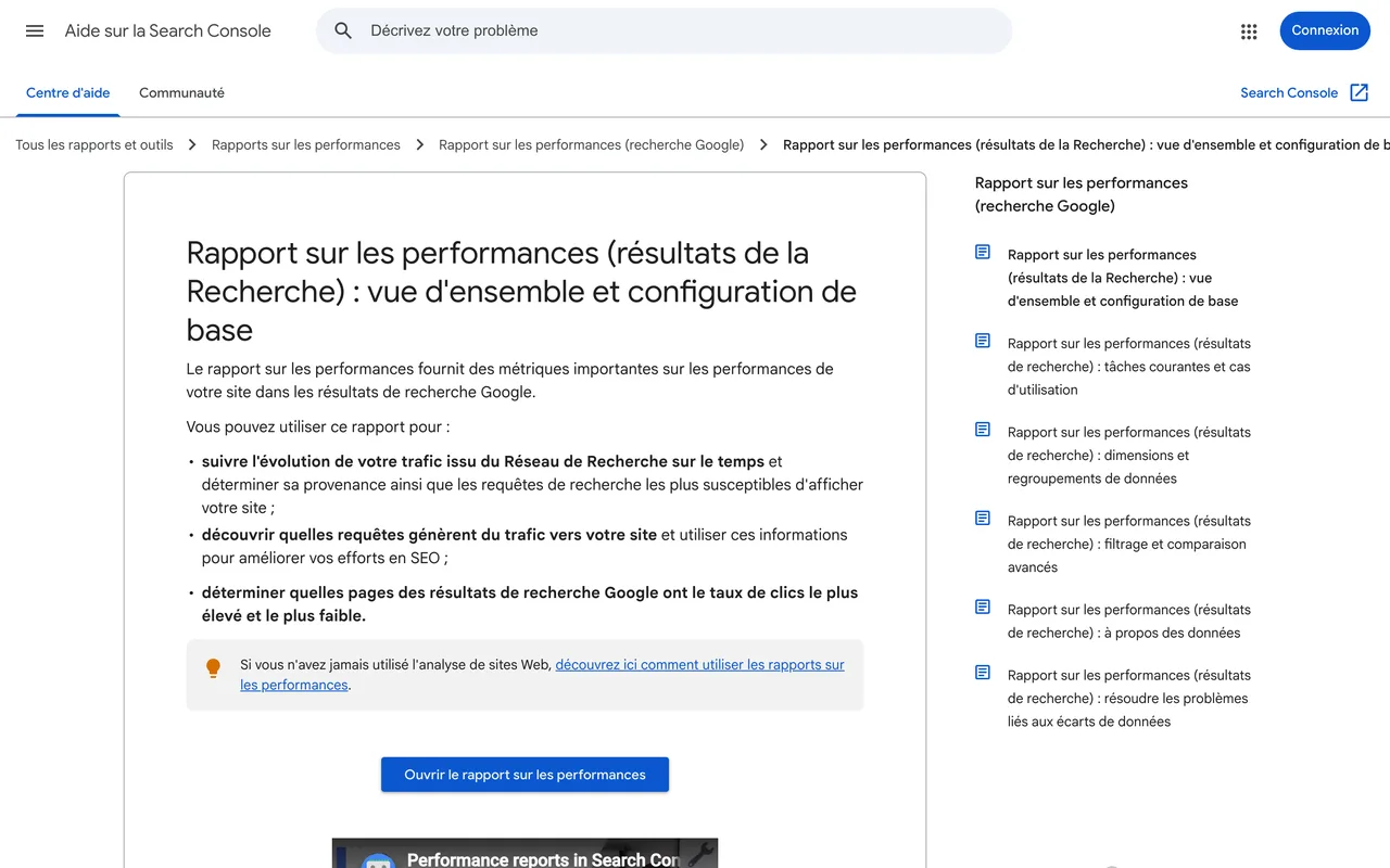 Aide Google Search Console sur le rapport de performances, capture du 19/10/2026