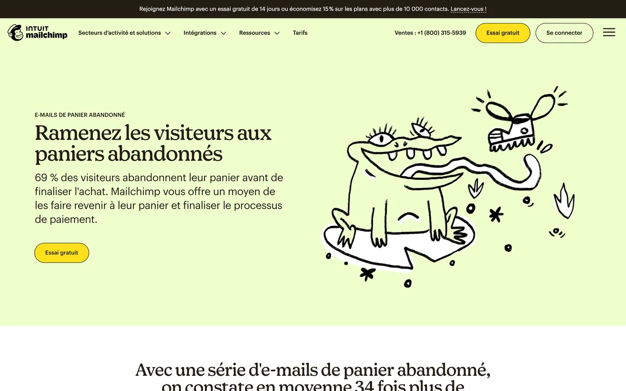 Page Mailchimp consacrée aux emails automatiques de panier abandonné, capture du 19/10/2026