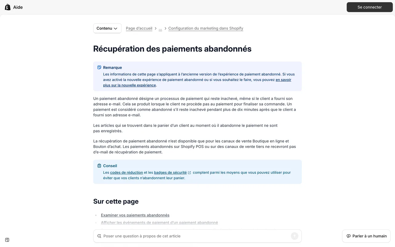 Page d'aide Shopify sur la récupération des paiements abandonnés, capture du 19/10/2026