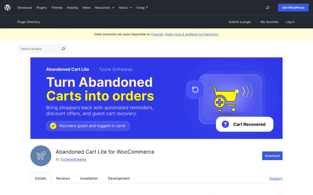 Fiche de l'extension Abandoned Cart Lite for WooCommerce sur le répertoire WordPress, capture du 19/10/2026