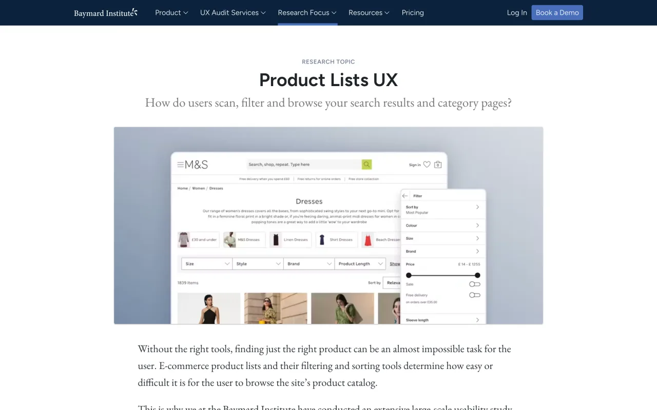 Page Product Lists UX du Baymard Institute consacrée à la recherche sur les listes produits et le filtrage, capture du 19/10/2026