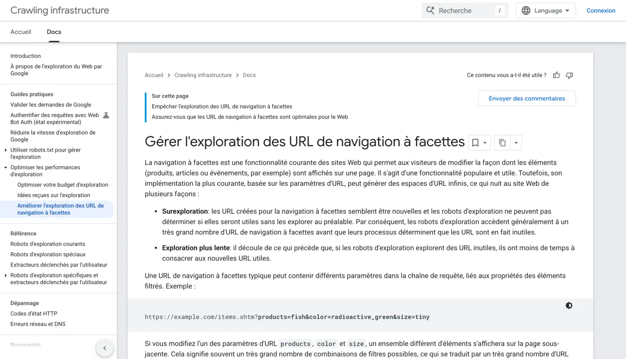 Documentation Google en français : gérer l'exploration des URL de navigation à facettes, capture du 19/10/2026